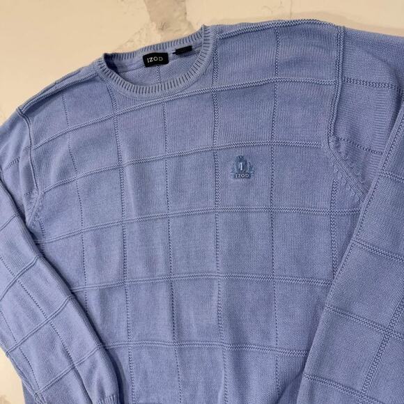 IZOD Knit Checkered Pullover Long Sleeve Crewneck Sweater Blue Men's XXL Cotton - Picture 2 of 5